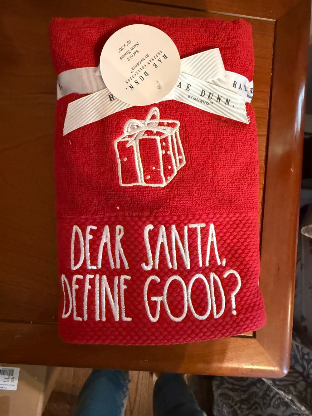 Rae Dunn Red Holiday Kitchen Towel "Dear Santa, Define Good?"
